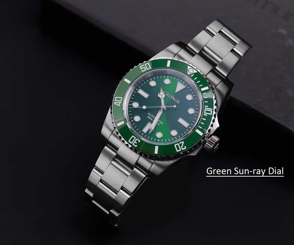 Cronos Sub Diver Men Watch No Date PT5000 Brushed Bracelet Ceramic Bezel 200 meters Water Resistant