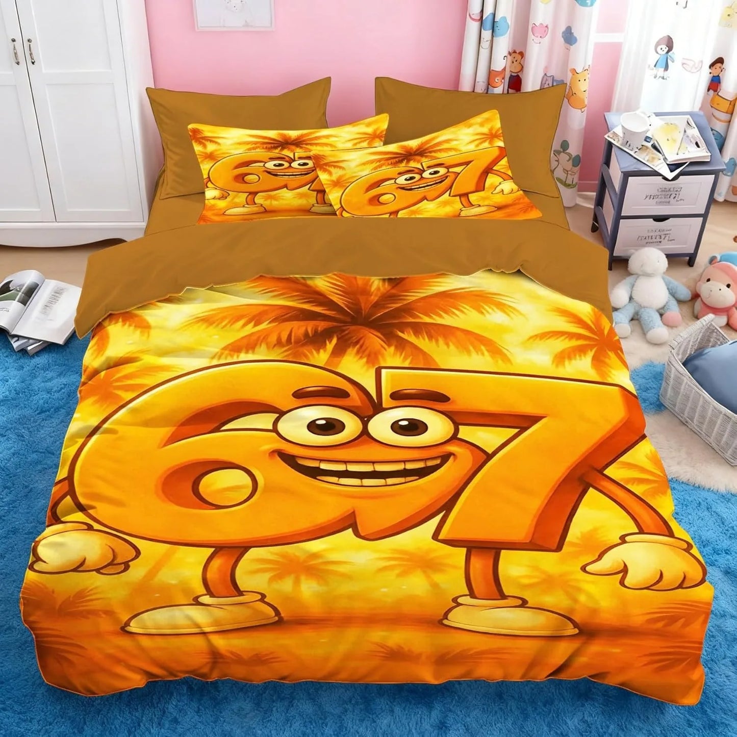 Set de lenjerie de pat Cartoon Print Six Seven 67, 2/3 piese, husă de pilotă și față de pernă pentru acasă, adolescenți și adulți, cadou pentru băieți și fete