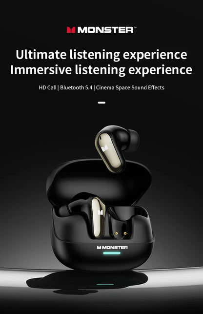 New Monster MQT52 TWS Wireless Gaming Headset Bluetooth 5.4 HIFI Stereo Music Earphones Talking Noise Canceling Earbuds