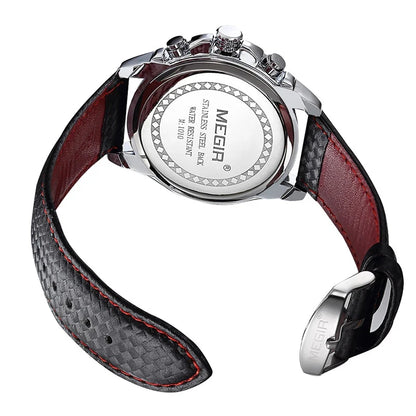 MEGIR men’s analogue quartz wristwatch – Water-resistant luxury watch with leather strap, casual style, model 1010 (black)