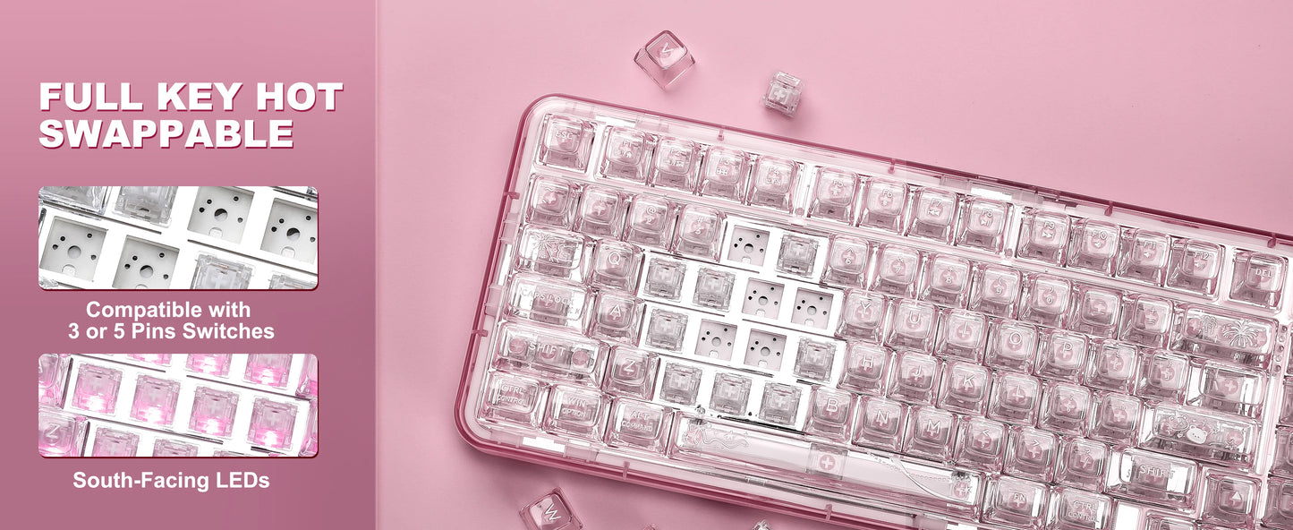 YUNZII X98 Pink QMK/VIA Wireless Transparent RGB Keyboard, Hot-Swap Gasket Mechanical Gaming Keyboard, Pre-lubed Knob Keyboard