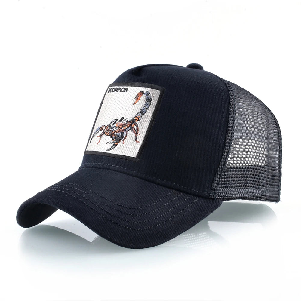 Unisex-trucker-lippalakki, jossa on brodeerattu skorpionimerkki. Miesten baseball-lippalakki, naisten snapback-lippalakki, hiphop-lippalakki, ulkoiluun sopiva hengittävä lippalakki