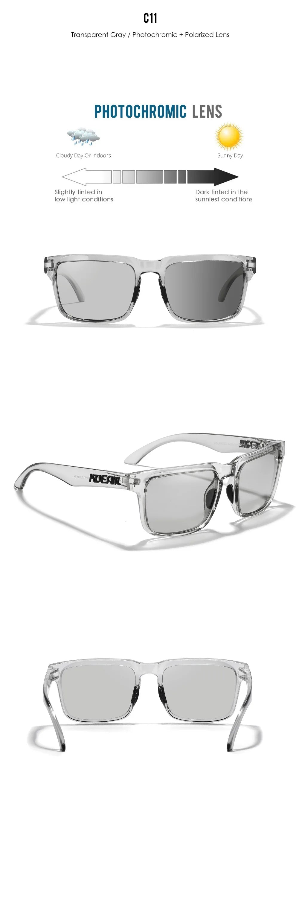 KDEAM Large Size Square Men's Sunglasses Polarized Photochromic Oversized Sun Glasses Fashion Women Shades Upgraded Edition