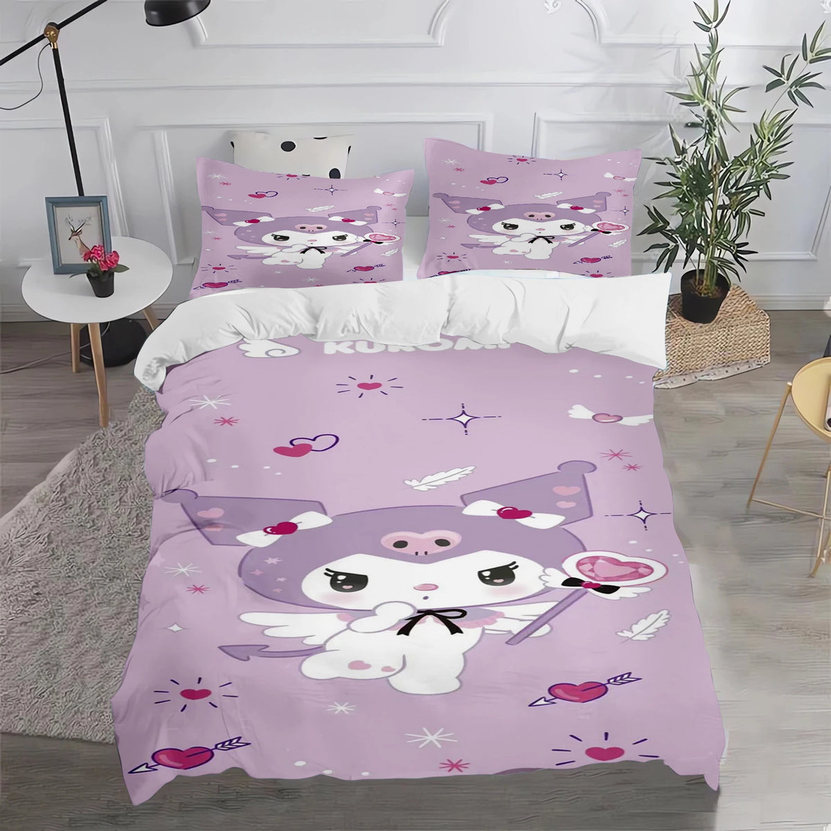 Ensemble de literie Kuromi : housse de couette et taie d'oreiller mignonnes, pour chambre d'enfant (garçon ou fille), décoration de chambre, cadeau pour enfants, taille simple, double ou grande