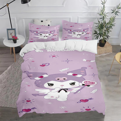 Ensemble de literie Kuromi : housse de couette et taie d'oreiller mignonnes, pour chambre d'enfant (garçon ou fille), décoration de chambre, cadeau pour enfants, taille simple, double ou grande