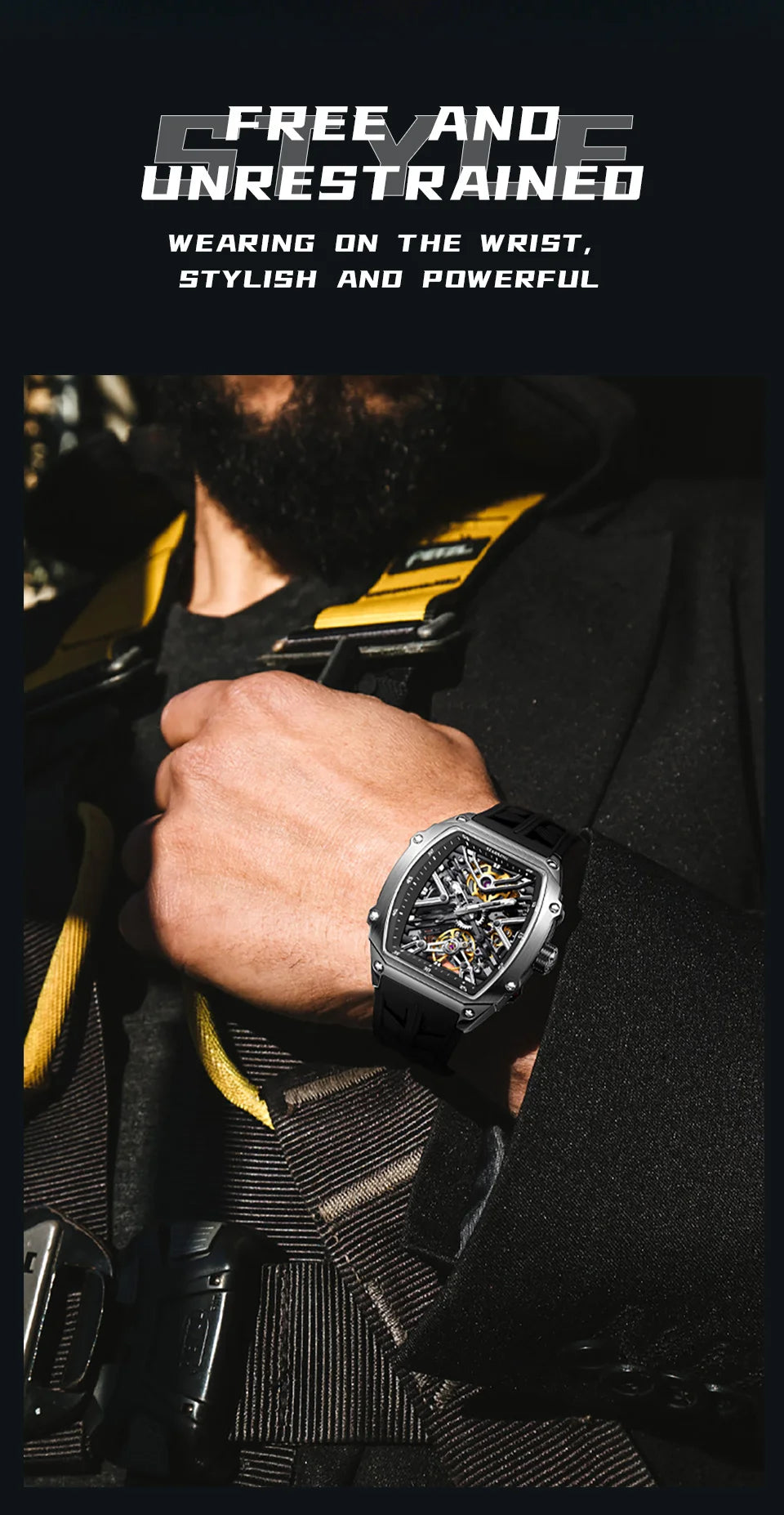 STARKING Men's Waterproof Sports Mechanical Watches Wear-resistant Silicone Strap Automatic Watch Luminous Tonneau Luxury Watch