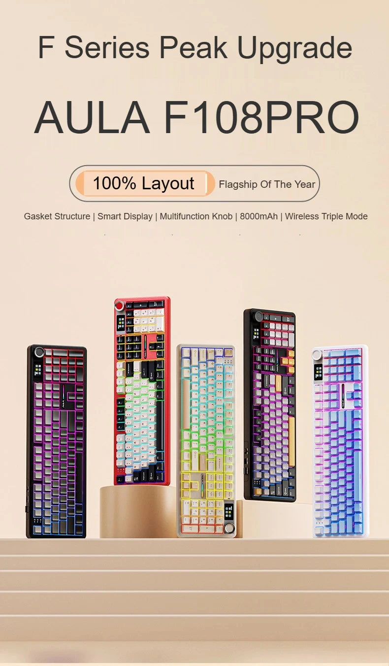 Tastiera meccanica AULA F108 PRO Custom, layout 100%, retroilluminazione RGB, Bluetooth wireless, switch Hi-Fi, tastiera gaming