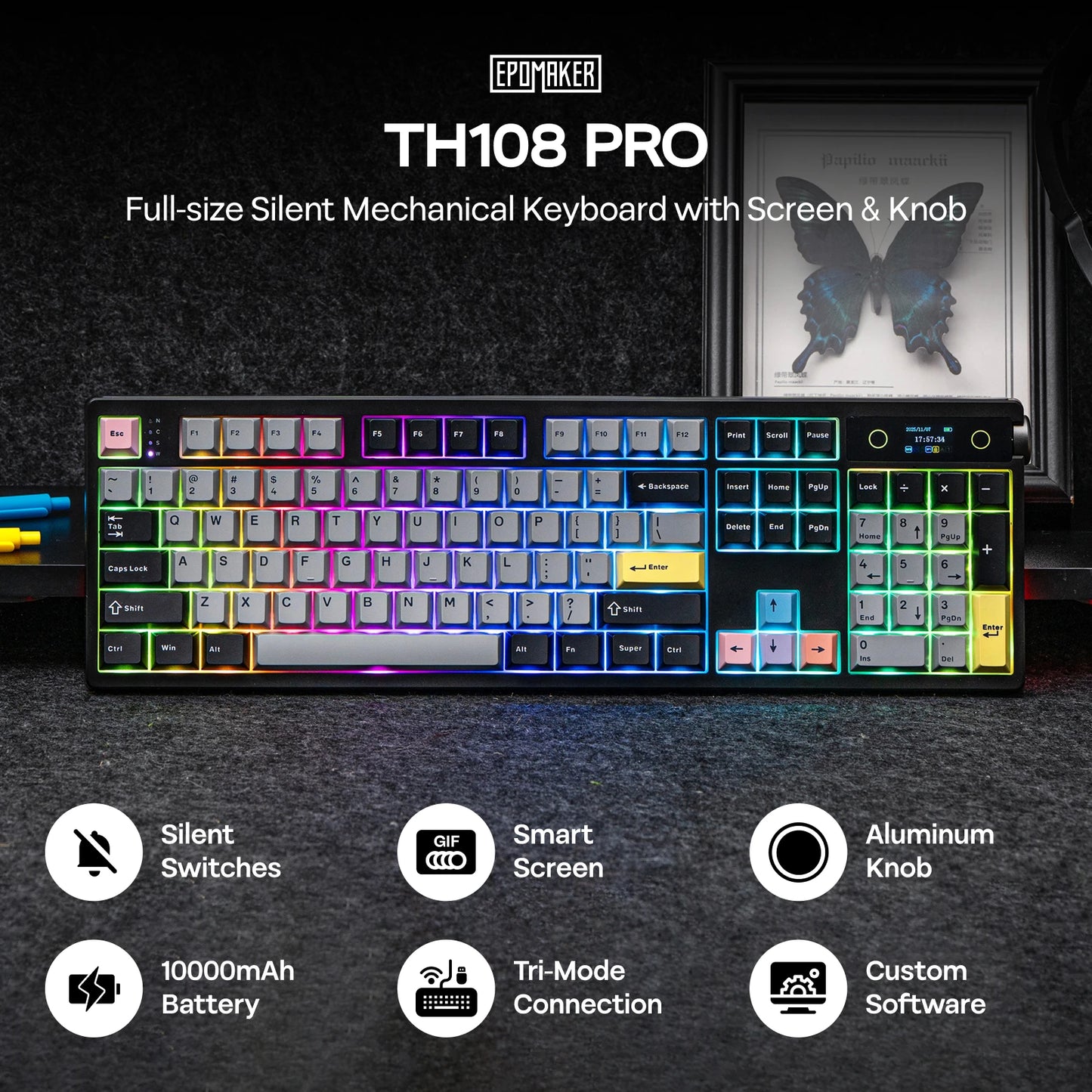 EPOMAKER TH108 PRO 100% Full-Sized Hot-Swap Wired/BT/2.4Ghz Wireless Mechanical Keyboard with Screen & Knob 10000mAh Battery