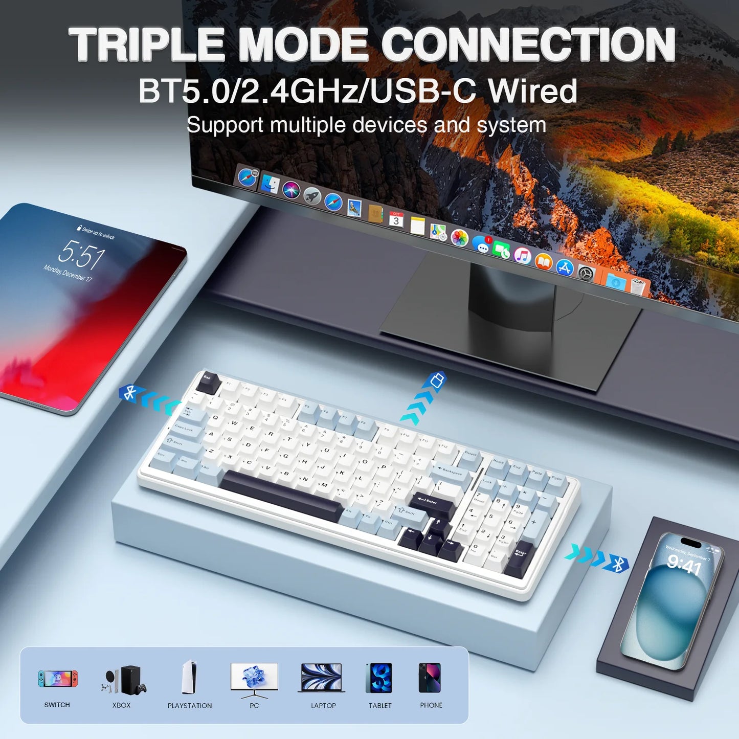 AULA F99 Machanical Keyboard Bluetooth 5.0/2.4G Wireless/Wired Gasket-mounted Gaming Keyboard 99 Keys Customizable Keyboards