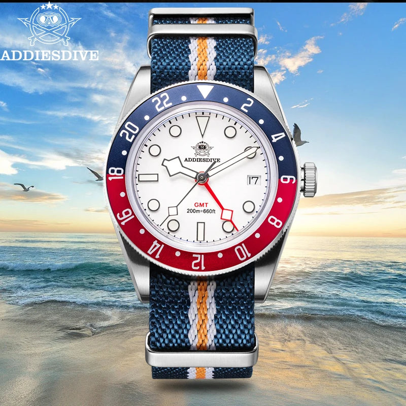 Montre de plongée pour homme ADDIESDIVE GMT515-24H – Étanchéité 200 m, verre bombé, revêtement luminescent BGW9, boîtier en acier inoxydable, affichage analogique