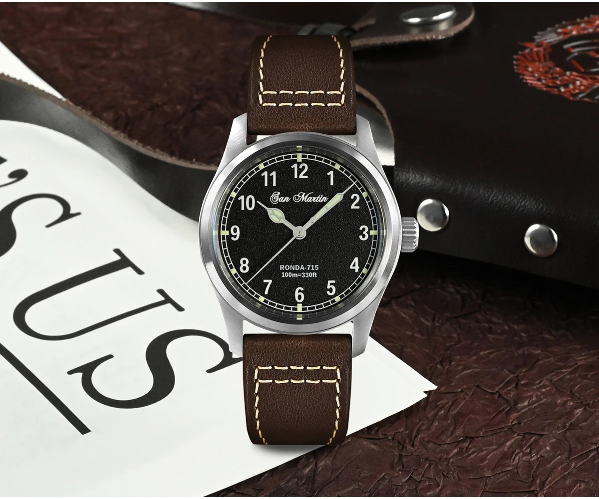 San Martin 37mm Ronda 715 Quartz Watch Men Simple Fashion 10Bar Waterproof Pilot Wristwatch BGW-9 Blue C3 Green Luminous SN0034A