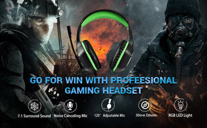 USB Gaming Headset for PC/PS4/PS5 7.1 Surround Sound Computer Wired Headphones with Noise Cancelling Microphone RGB Light Gamer