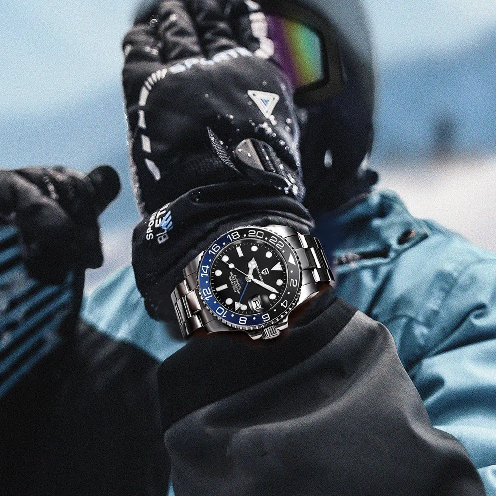 PAGANI DESIGN 40MM GMT Herrenuhr, luxuriöse mechanische Automatikuhr mit Saphirglas AR, Keramiklünette, 100M wasserdicht, Geschenk-Uhr