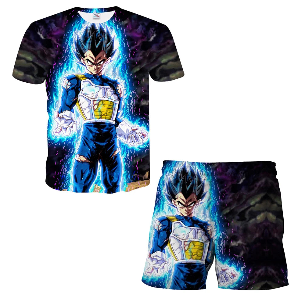 Japanese cartoon Dragon Ball Z T-shirt children's top T-shirt shorts two-piece set for summer boys T-shirt+shorts beach pants