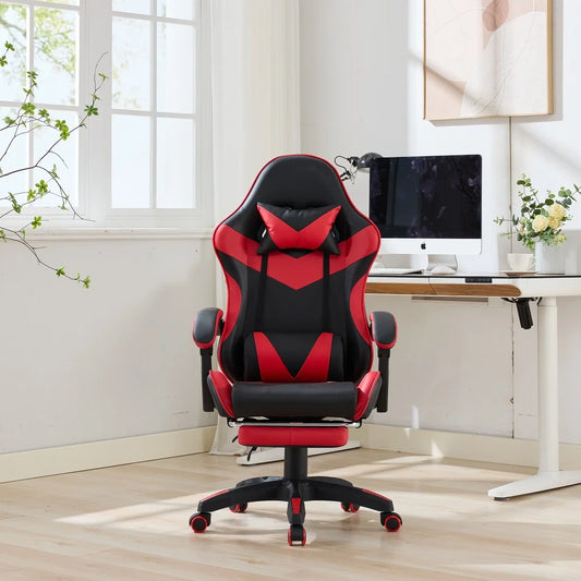360 ° - Swivel Ergonomic Racing Design Gaming Chair Leather, Headrest and Lumbar Support for Office and Gaming - Black&Red