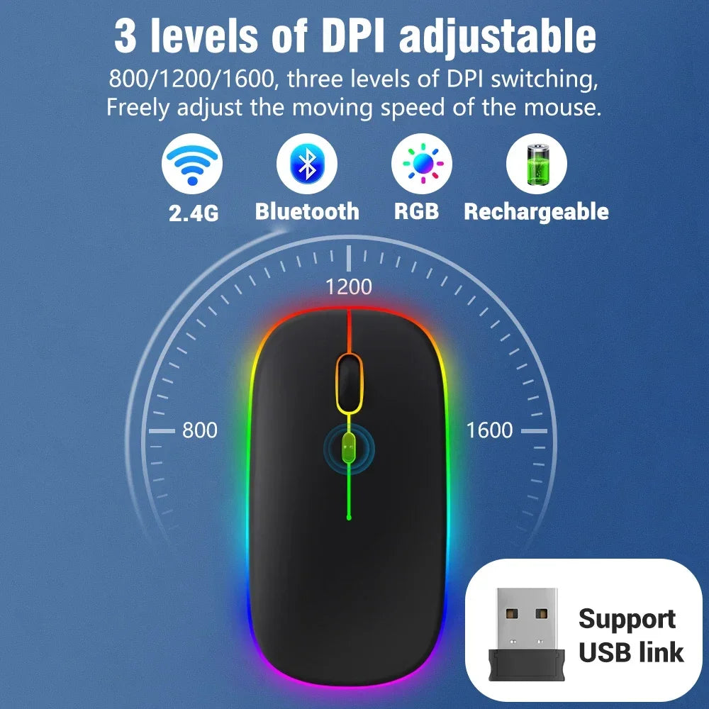 Mouse wireless ricaricabile a doppia modalità Bluetooth compatibile e 2.4G USB per computer, laptop, iPad, tablet e notebook, mouse da gaming