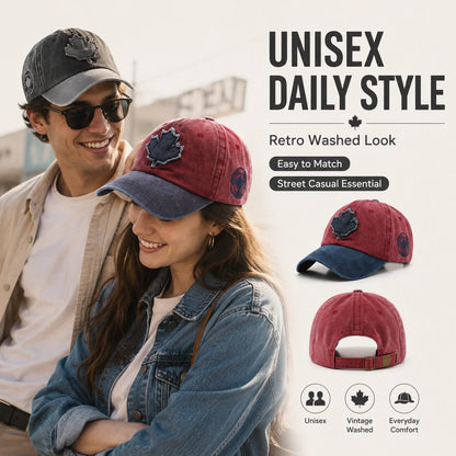 Casual Washed Denim Look Maple Leaf Patch Cap Adjustable Two Tone Outdoor Sport Baseball Hat for Daily Wear