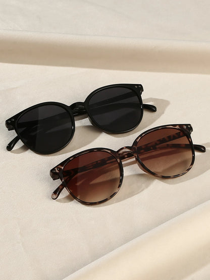 2Pcs Women's Fashionable Round Frame Glasses Chic Black, Tortoiseshell Combination Glasses Daily Wear Holiday Gifts