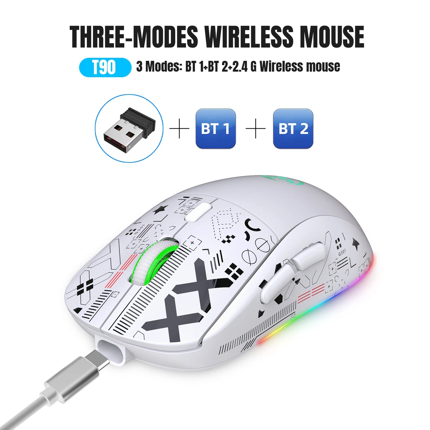 Ratón gaming Bluetooth recargable de 3 modos 2.4G USB inalámbrico con retroiluminación RGB para iPad, tablet, portátil y ordenador