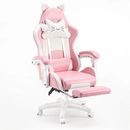 Cat Ear Gaming Chair with Footrest, Ergonomic Computer Gaming Chair with Lumbar Support, Adjustable Height 360° Swivel Racing Chair
