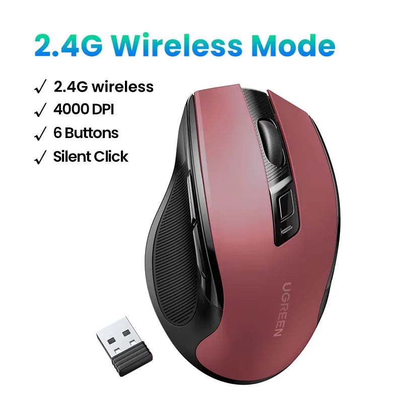 Ratón inalámbrico UGREEN Bluetooth 5.0 ergonómico, 4000DPI, 6 botones silenciosos, para MacBook, tabletas, portátiles, ordenador PC, 2.4G