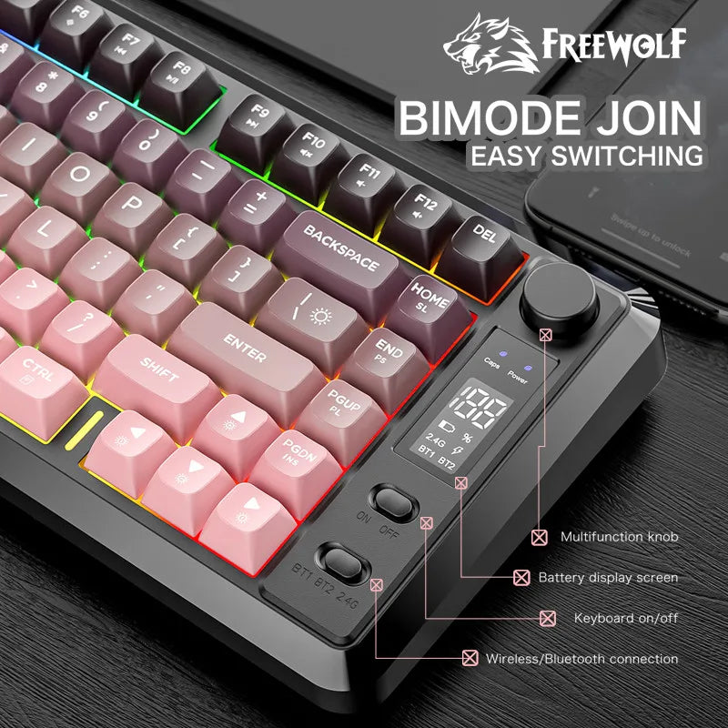 FREE WOLF M75 82-Key Compact Wireless Gaming Keyboard - Dual Mode (Bluetooth/2.4G) RGB Backlit OLED Display Large Battery