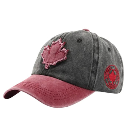 Casual Washed Denim Look Maple Leaf Patch Cap Adjustable Two Tone Outdoor Sport Baseball Hat for Daily Wear