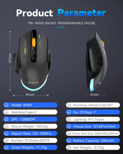 Ratón gaming inalámbrico Bluetooth, ratón RGB con cable/inalámbrico de 12800 DPI con 7 botones programables, para PC portátil y gaming