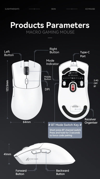 Attack Shark R1 Lightweight Bluetooth 2.4G Wireless Gaming Mouse PAW3311 18000DPI Ergonomic Macro Mice