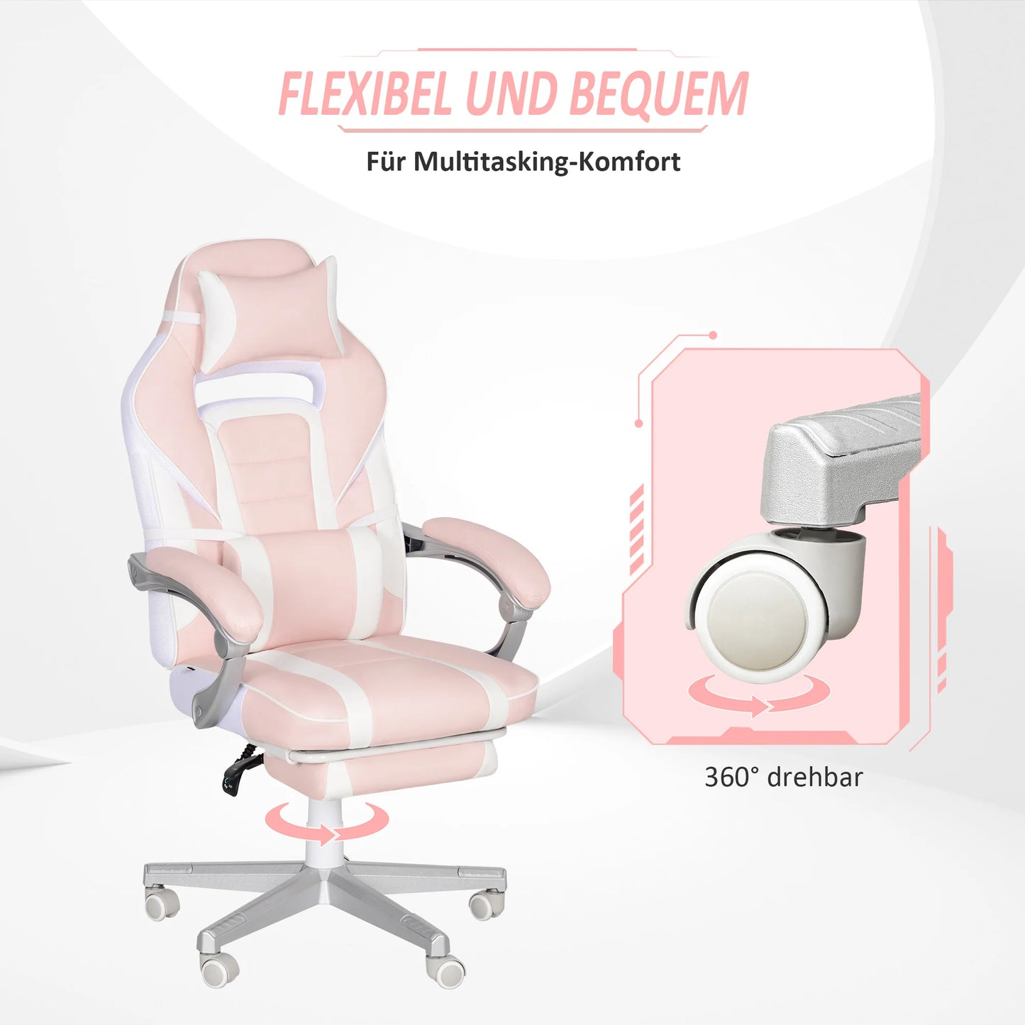 Pink Gaming Chair with Footrest, Adjustable, Headrest & Lumbar Pillow, 360° Swivel, High Back, Faux Leather, Max Load 120kg