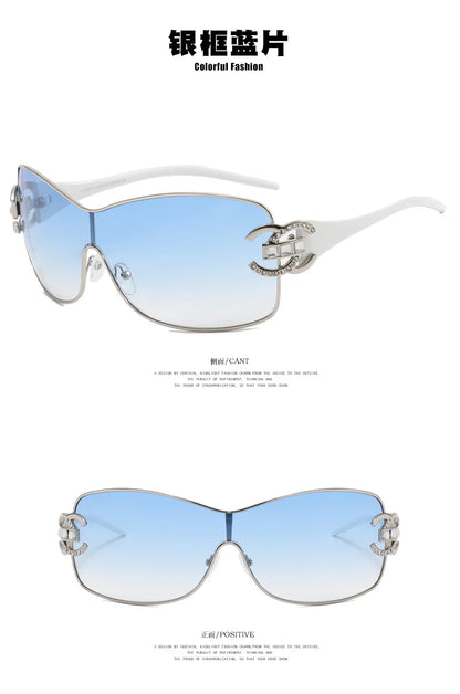 Luxury Rhinestone Punk Oversized One - Piece Frame Y2K Women's Sunglasses Trendy Brand Summer Men Sunglass Travel  Eyewear UV400