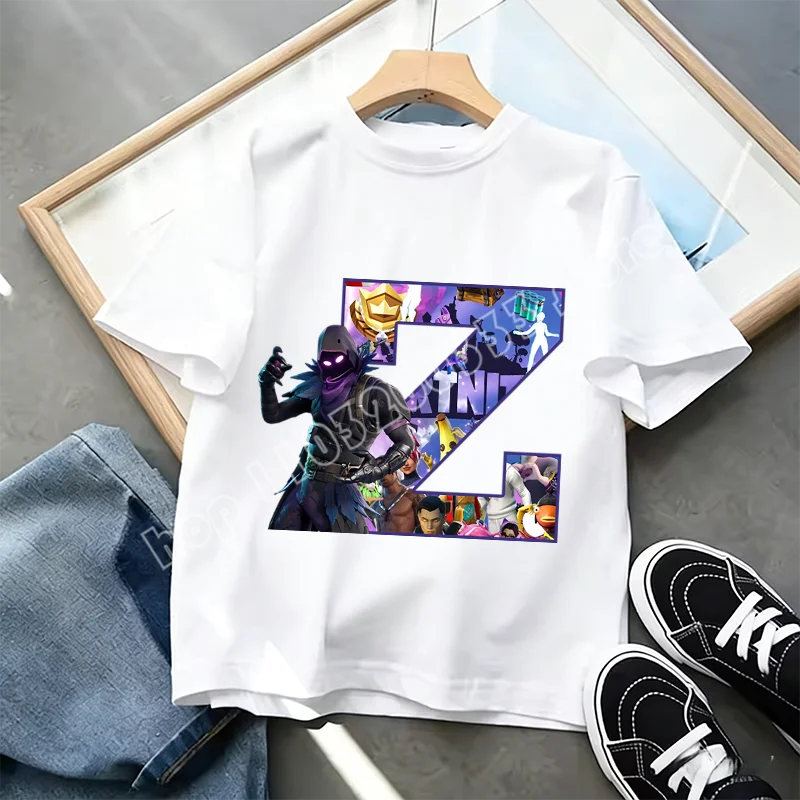 Μπλουζάκι Fortnite με στάμπα αλφαβήτου A-Z για παιδιά, καλοκαιρινό, λευκό, δημοφιλές cartoon game, casual κοντομάνικο τοπ μόδας, ιδανικό για δώρο