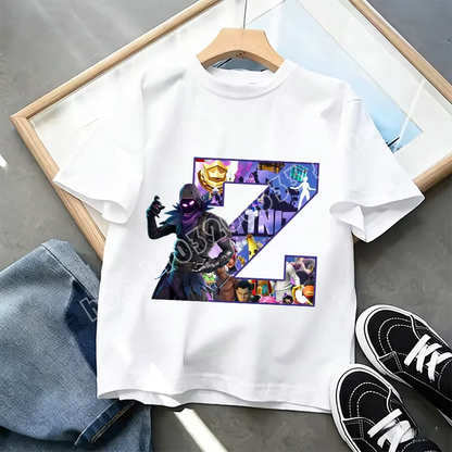 Μπλουζάκι Fortnite με στάμπα αλφαβήτου A-Z για παιδιά, καλοκαιρινό, λευκό, δημοφιλές cartoon game, casual κοντομάνικο τοπ μόδας, ιδανικό για δώρο