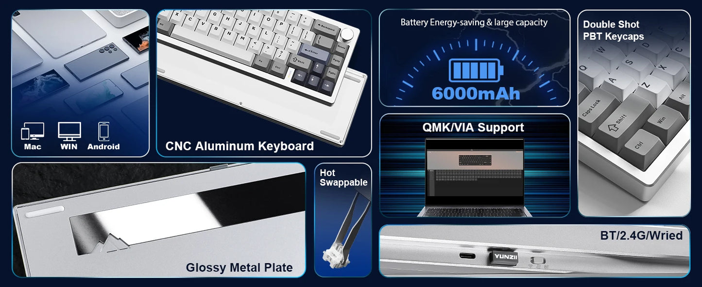 YUNZII AL68 Silver Aluminum Mechanical Gaming Keyboard, QMK/VIA Wireless Keyboard, Hot Swap Gasket Custom Keyboard with Knob