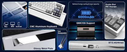 YUNZII AL68 Silver Aluminum Mechanical Gaming Keyboard, QMK/VIA Wireless Keyboard, Hot Swap Gasket Custom Keyboard with Knob