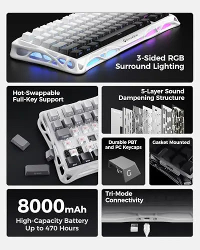 GravaStar Mercury K1 75% Wireless Mechanical Gaming Keyboard, Aluminum Alloy Exoskeleton Design, RGB Backlit, Hot-Swap Socket