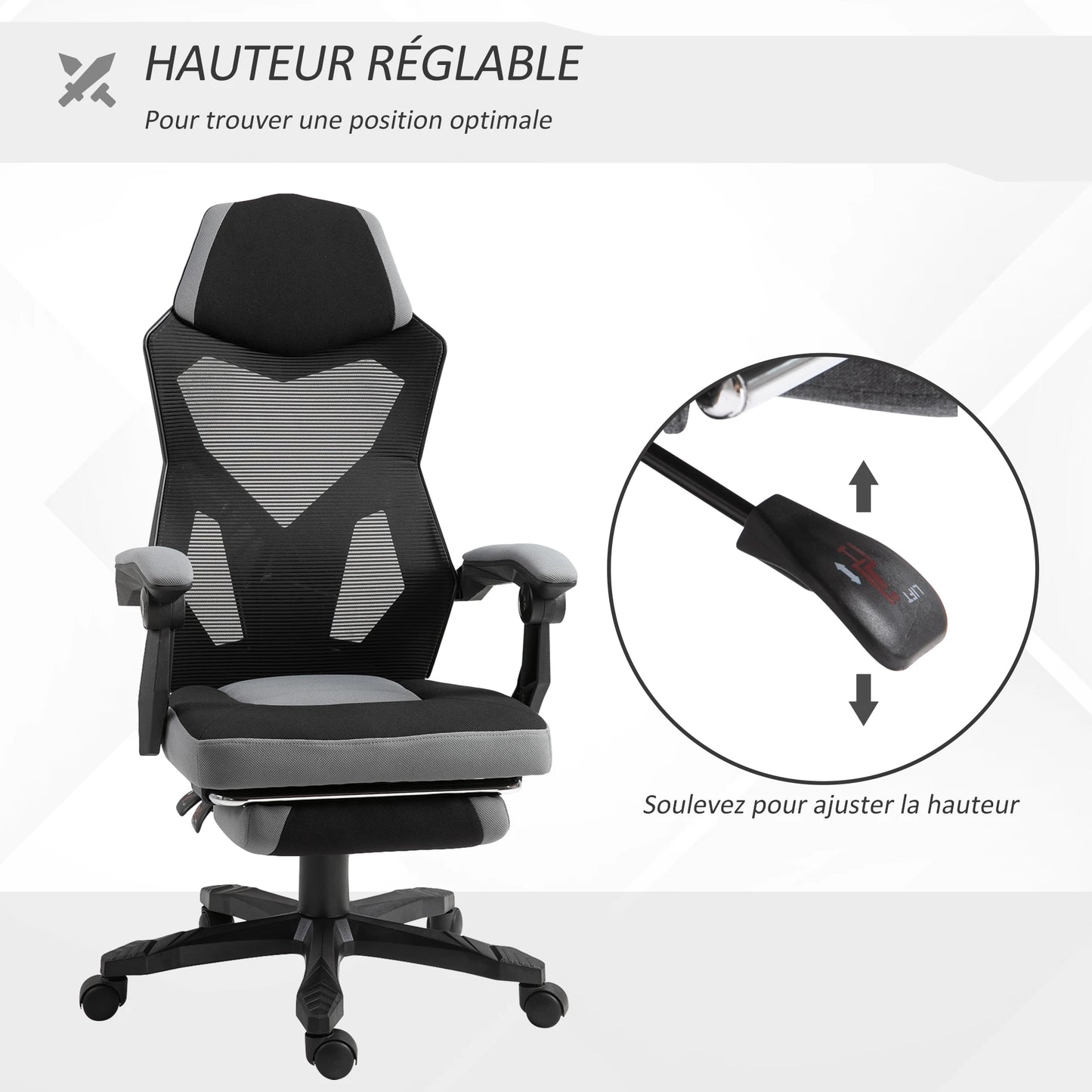 Ergonomic Gaming Office Chair, Grey & Black, Adjustable Height, 360° Swivel,MeshFabric, High-Density Foam, Easy Assembly,
