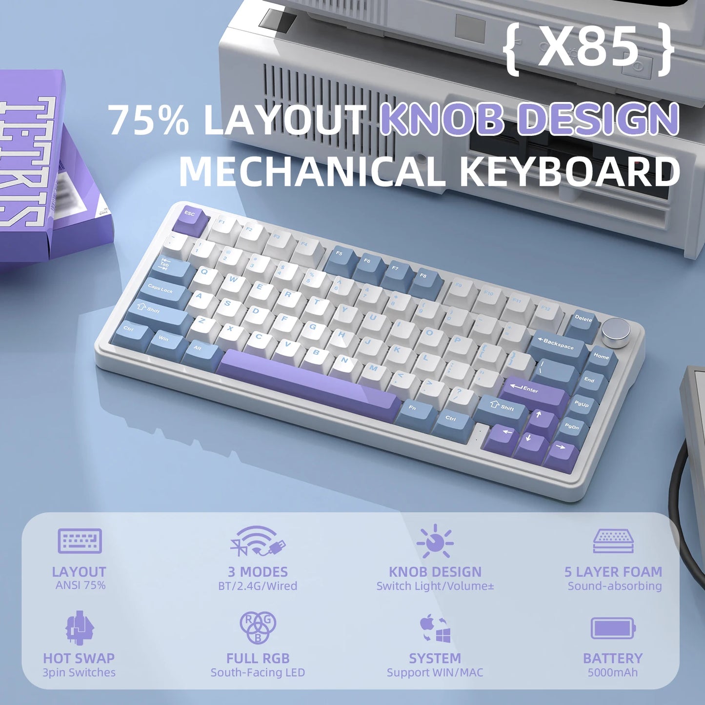 Teclado mecánico ATTACK SHARK X85 Tri-mode Gasket 75% con perilla CNC, acolchado de 5 capas, hot-swappable, retroiluminación RGB y NKRO