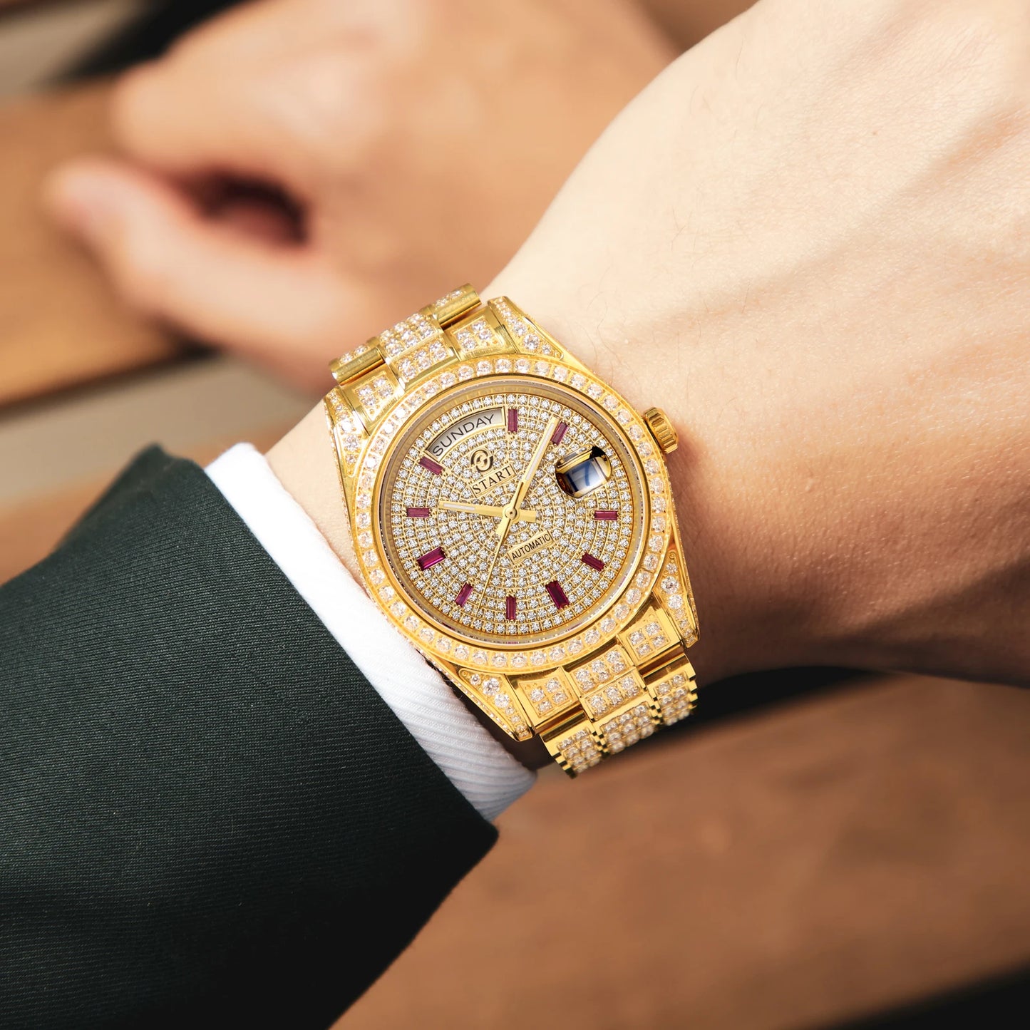 【START】Men's Watch Swiss Automatic Mechanical Movement Diamond Watch Waterproof Date Week Function Golden Watch