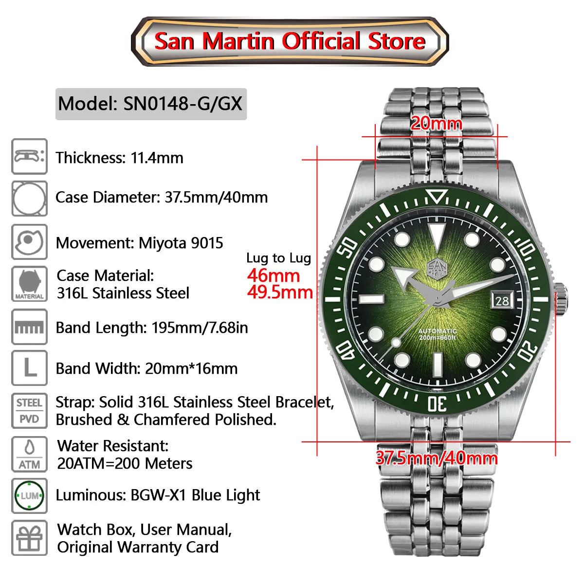 San Martin 37.5mm 40mm Men Diver Watch Miyota 9015 Enamel Dial Luxury Automatic Mechanical Wristwatch Waterproof 200m SN0148