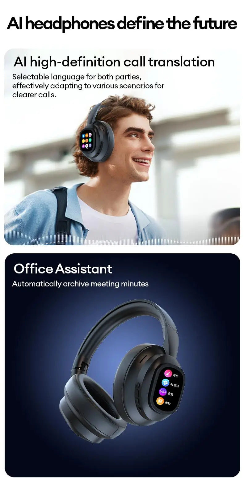 KI-LCD-Touchscreen kabellose Bluetooth-Kopfhörer – ANC-Geräuschunterdrückung, tiefer Bass, Gaming-Headset mit HD-Mikrofon
