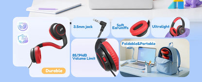 Casque filaire Acer pour enfants, idéal pour l’école, avec prise jack 3,5 mm, pliable, à porter sur les oreilles, pour les jeunes garçons et les jeunes filles, niveau sonore sécurisé de 85/94 dB.
