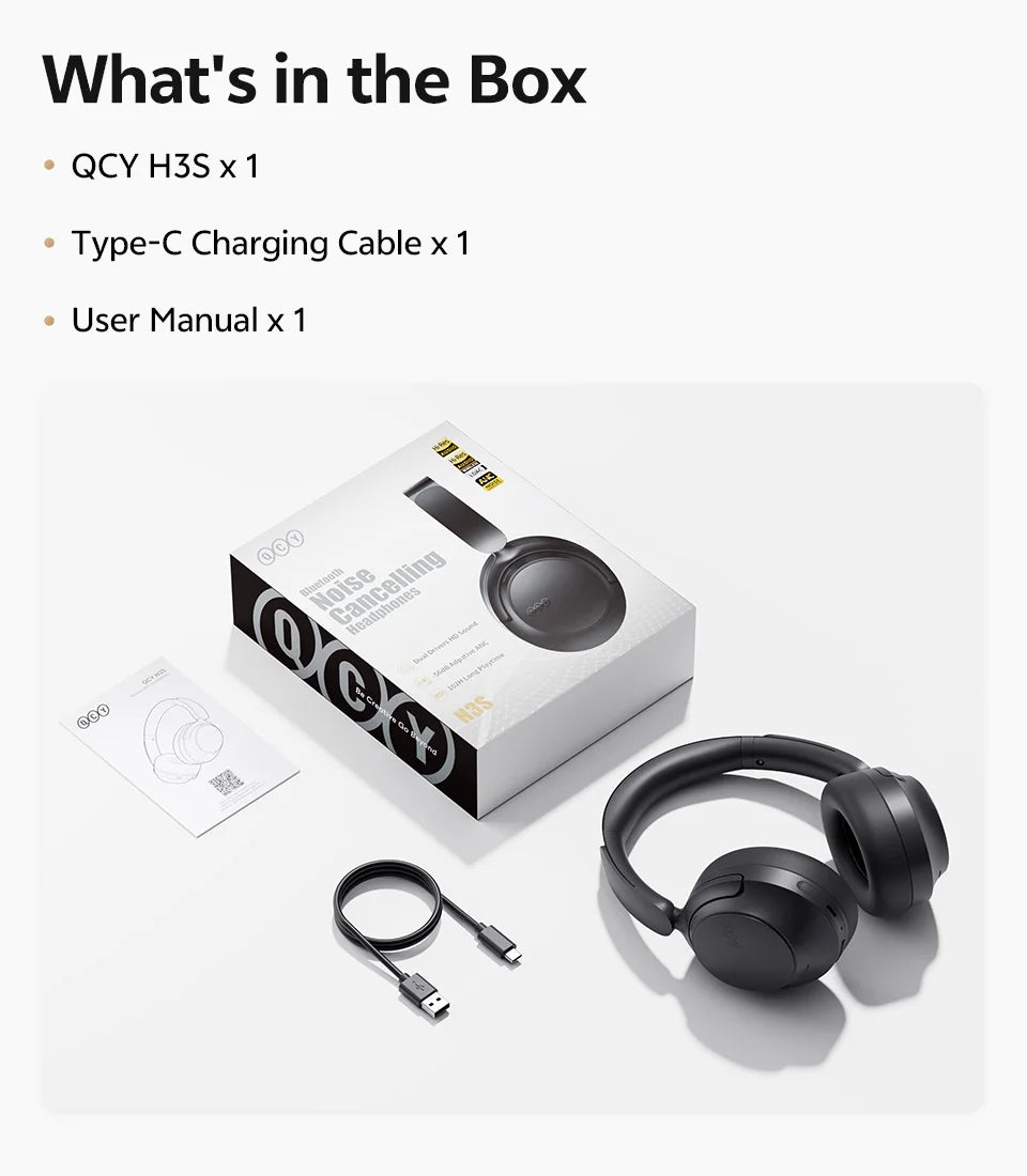 Casque sans fil Bluetooth 6.0 QCY BH25H3SA avec audio spatial 3D, réduction de bruit active adaptative -56 dB, haut-parleur de 53 mm, casque pliable supra-auriculaire