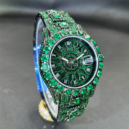 MISSFOX Fashion lced Out Silver Mens Watch Luxury Calendar Waterproof Watch For Man Hip Hop High Quality Big Diamond Wristwatch