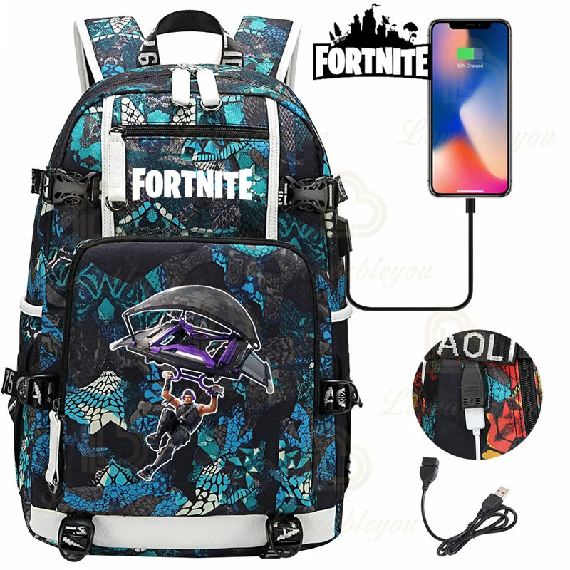 Red Jade F-Fortnited Battle Royale Backpack with USB Charging Anime Figures Study Stationery Compartment for Students Mochila