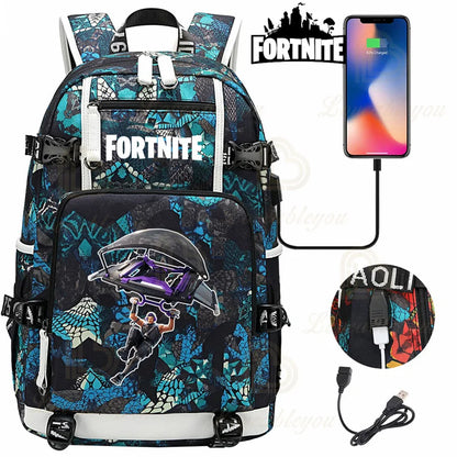 Red Jade F-Fortnited Battle Royale Backpack with USB Charging Anime Figures Study Stationery Compartment for Students Mochila