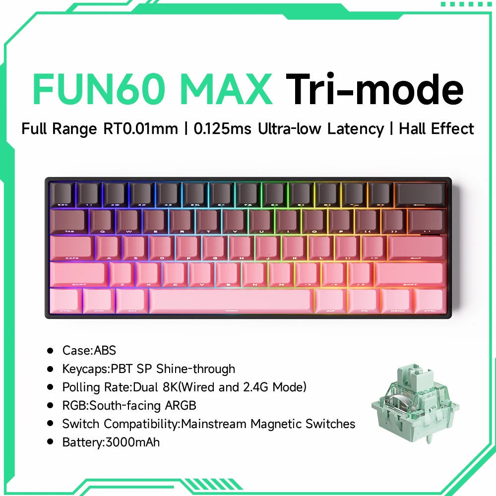 Teclado mecânico Akko MonsGeek FUN60 com interruptores magnéticos 60% Gaming Keyboards Rapid Trigger 0.01mm 8K ARGB HE/TMR personalizado