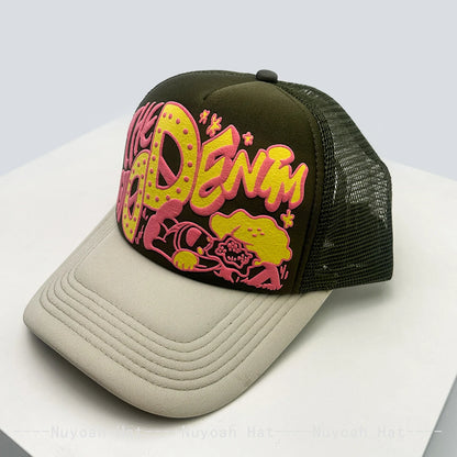 Casquettes de baseball unisexes originales imprimées en 3D avec lettres, casquettes de camionneur respirantes à motifs colorés et à visière pare-soleil, en maille polyvalente