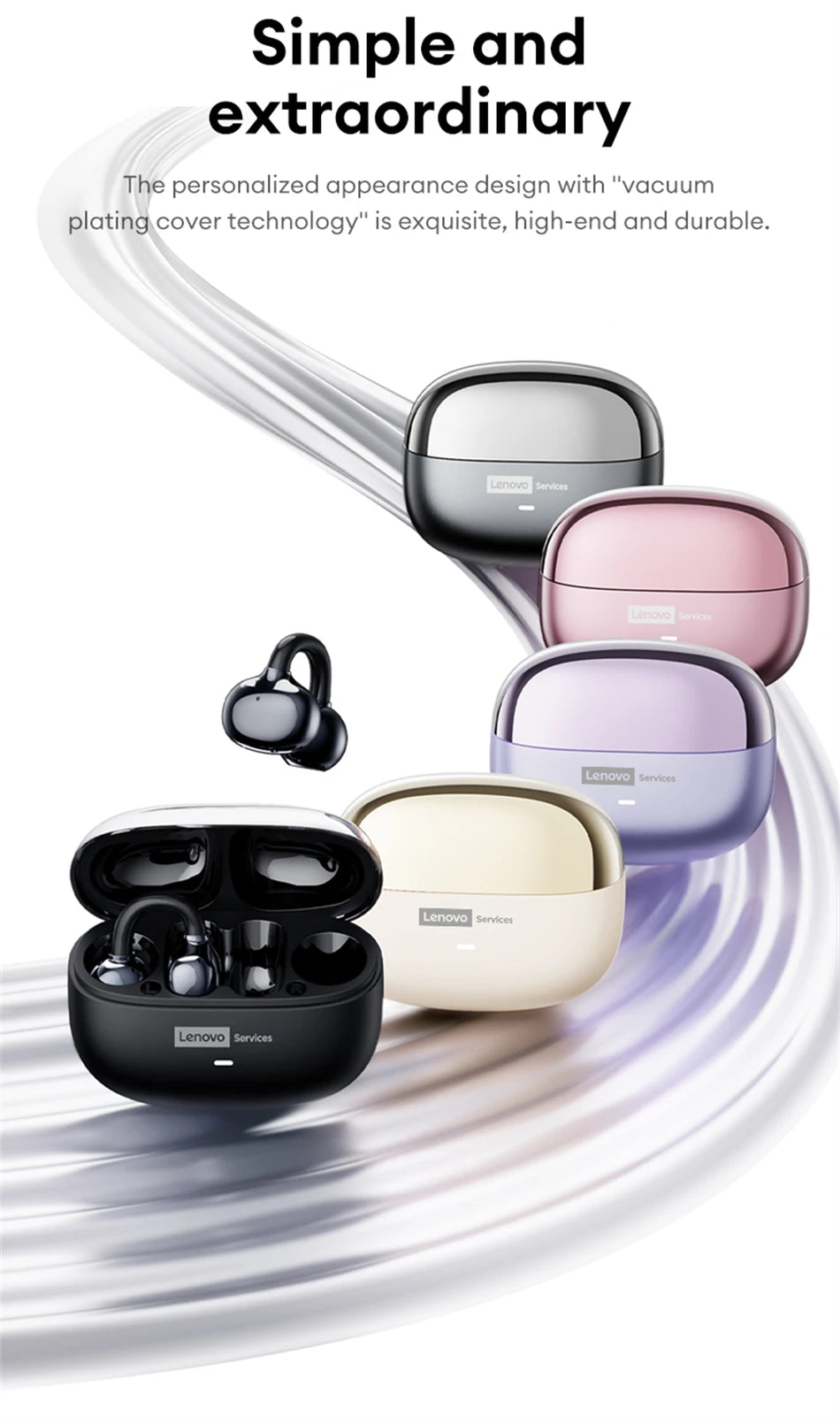 Auscultadores Bluetooth sem fios Lenovo LE302 6.0 com longa autonomia, auriculares desportivos com clip de orelha, som estéreo HIFI e cancelamento de ruído