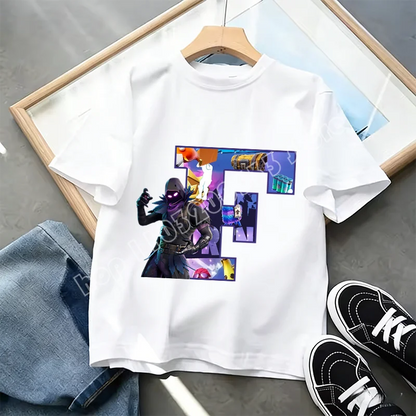 Μπλουζάκι Fortnite με στάμπα αλφαβήτου A-Z για παιδιά, καλοκαιρινό, λευκό, δημοφιλές cartoon game, casual κοντομάνικο τοπ μόδας, ιδανικό για δώρο